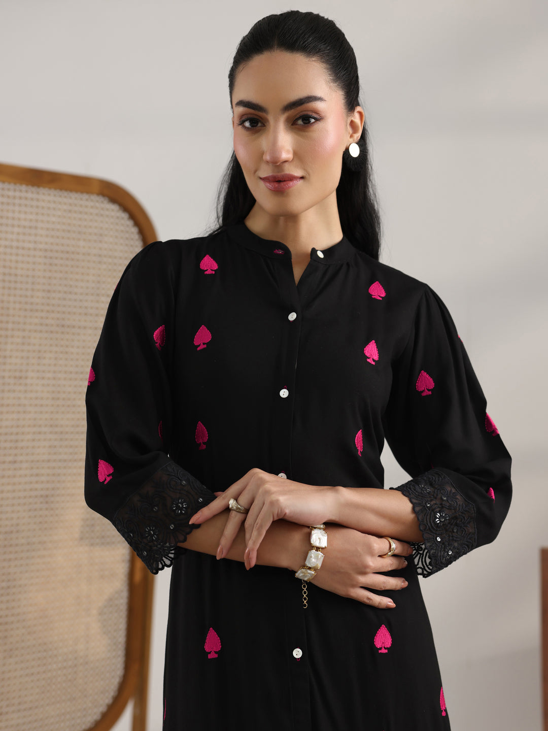 Black Embroidered Rayon Straight Kurta Set