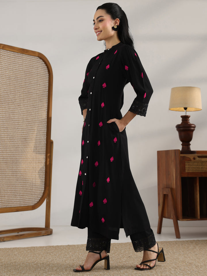 Black Embroidered Rayon Straight Kurta Set