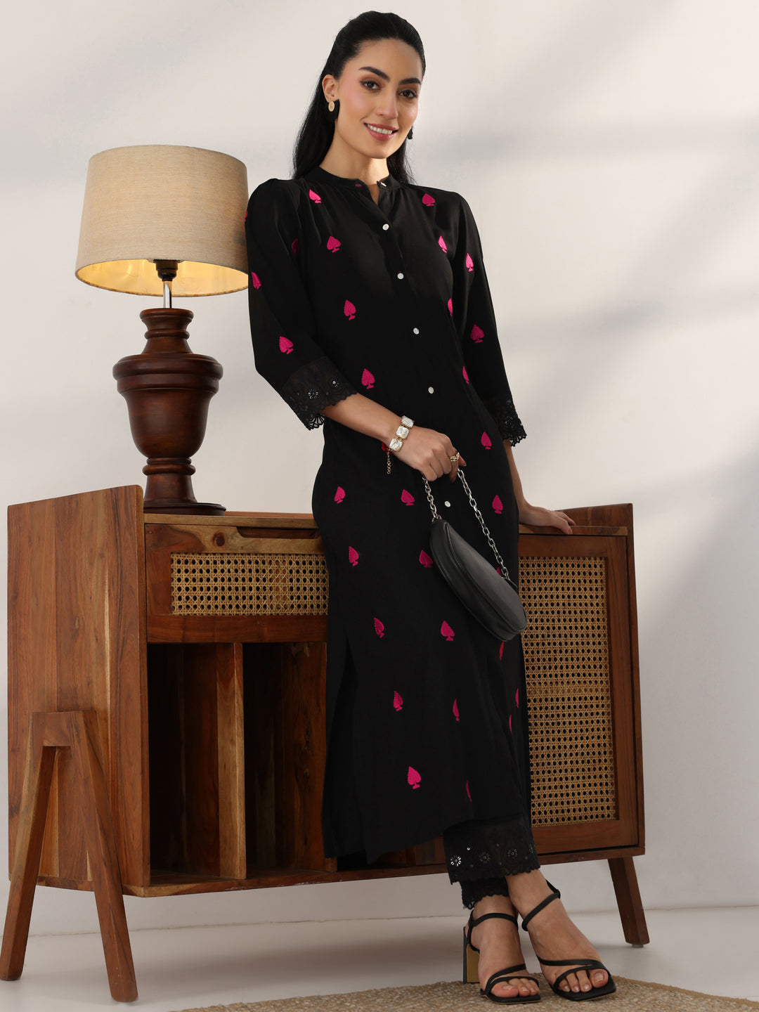 Black Embroidered Rayon Straight Kurta Set