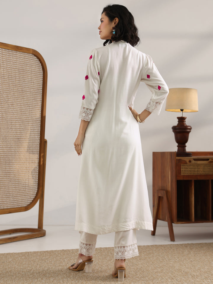 White Embroidered Rayon Straight Kurta Set