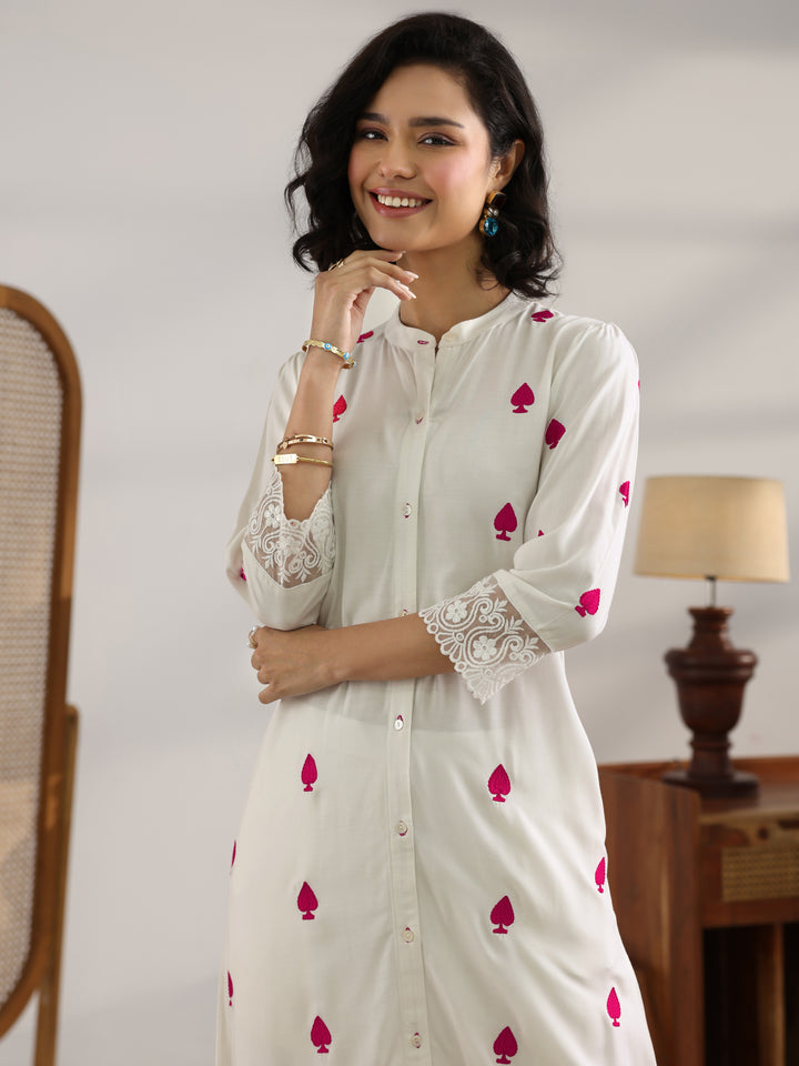 White Embroidered Rayon Straight Kurta Set