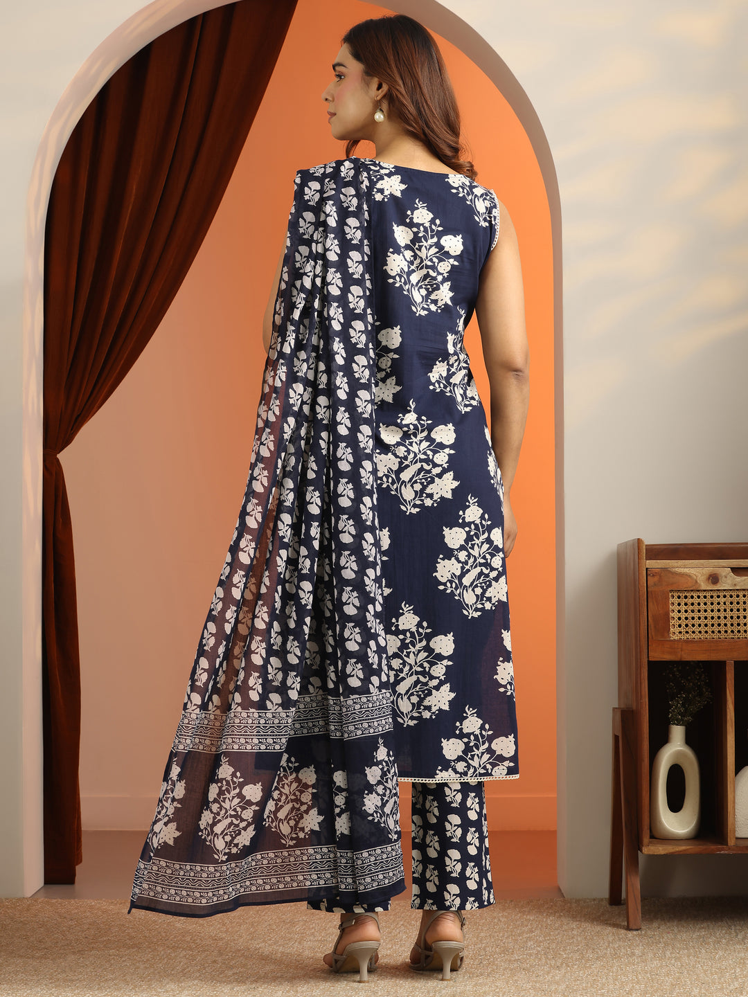 Blue Printed Cotton Straight Suit Set With Dupatta