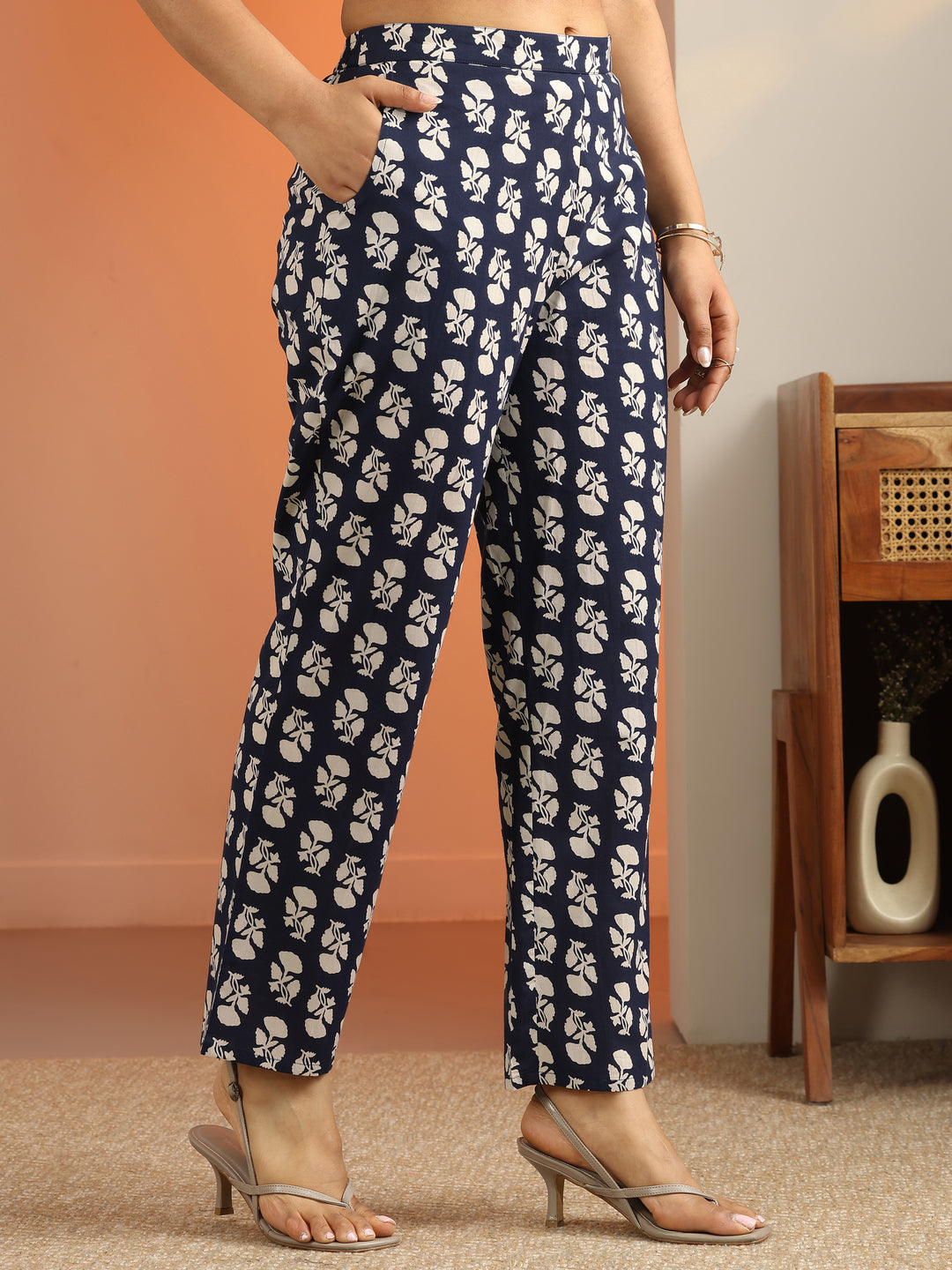 Blue Printed Cotton Straight Suit Set With Dupatta