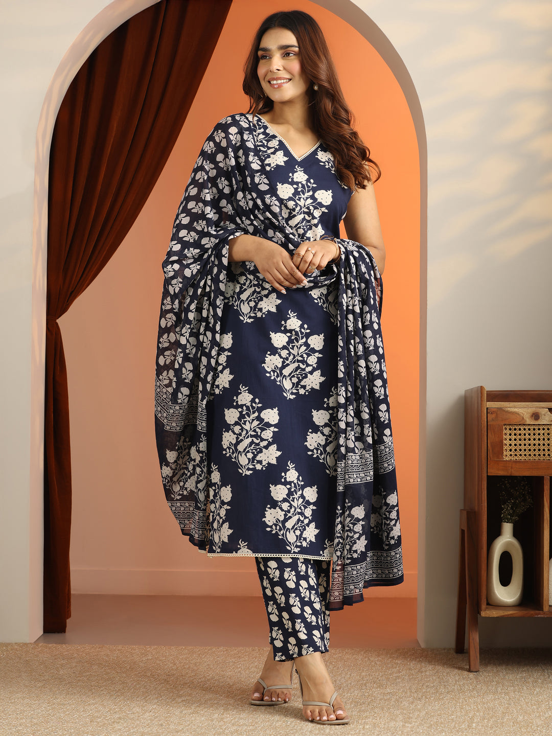 Blue Printed Cotton Straight Suit Set With Dupatta