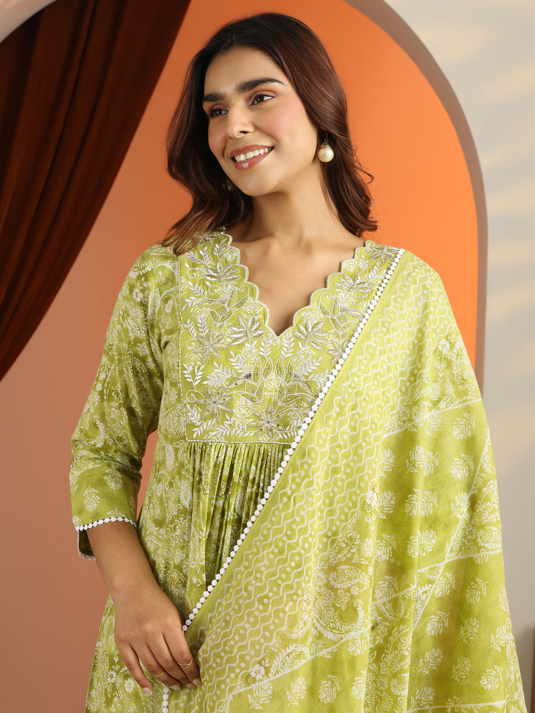 Green Printed Cotton A-Line Suit Set With Dupatta