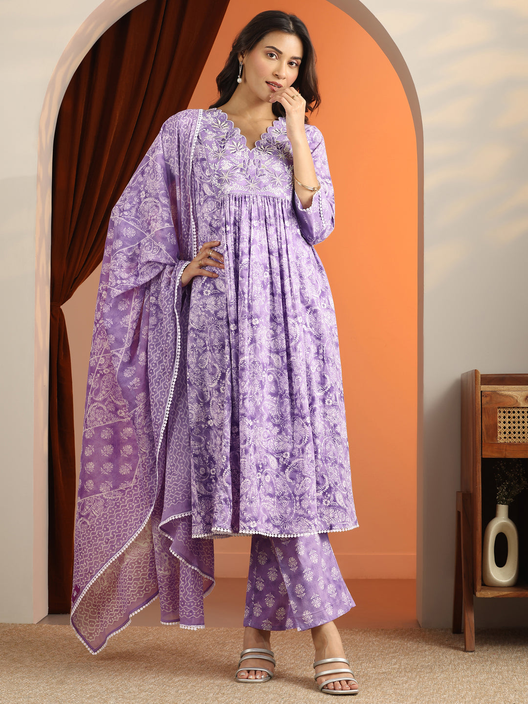 Purple Printed Cotton A-Line Suit Set With Dupatta