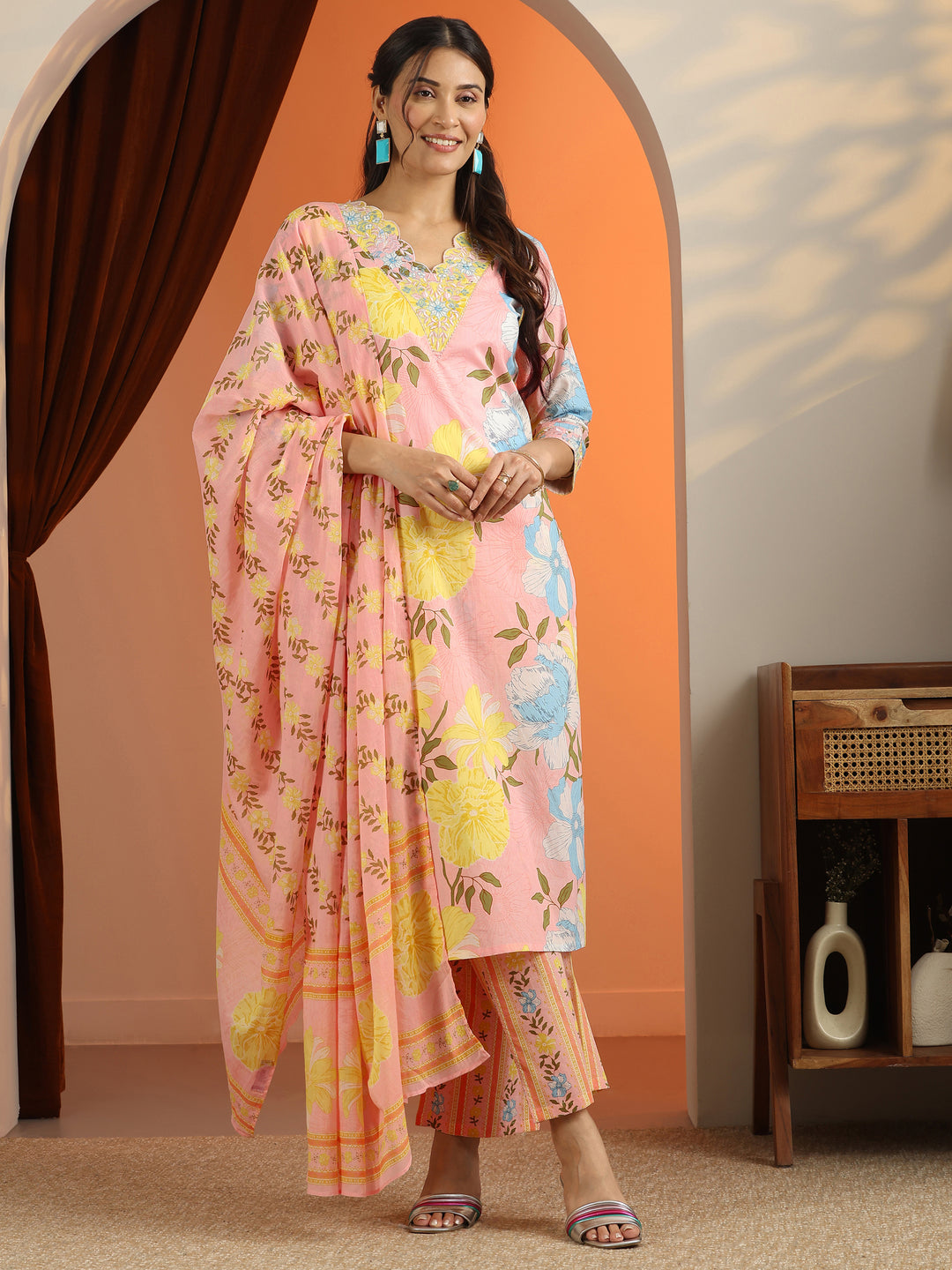 Peach Printed Cotton Straight Suit Set With Dupatta