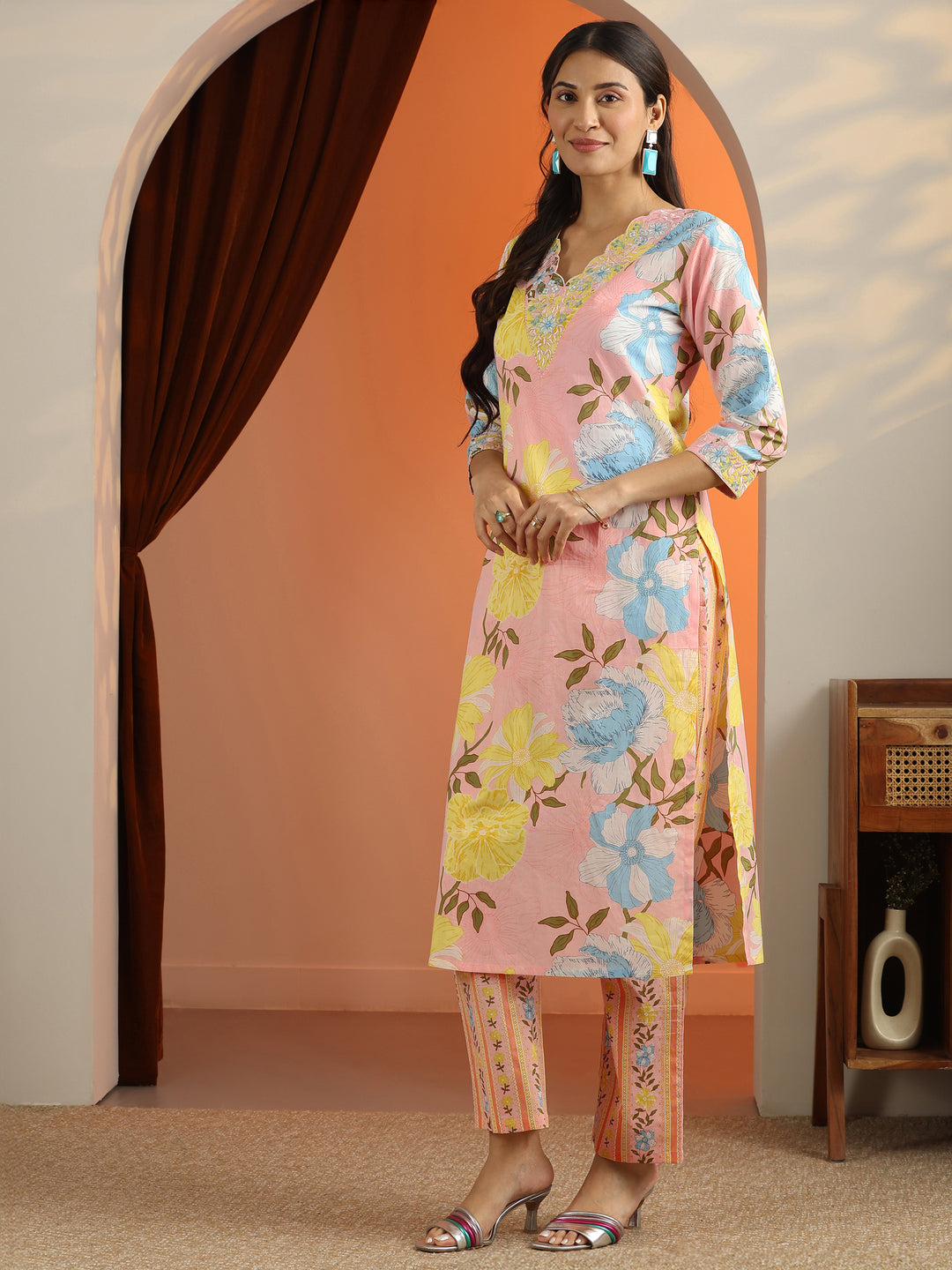 Peach Printed Cotton Straight Suit Set With Dupatta