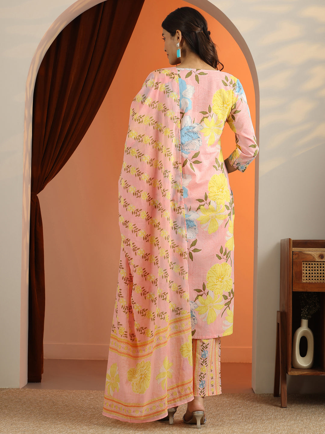 Peach Printed Cotton Straight Suit Set With Dupatta
