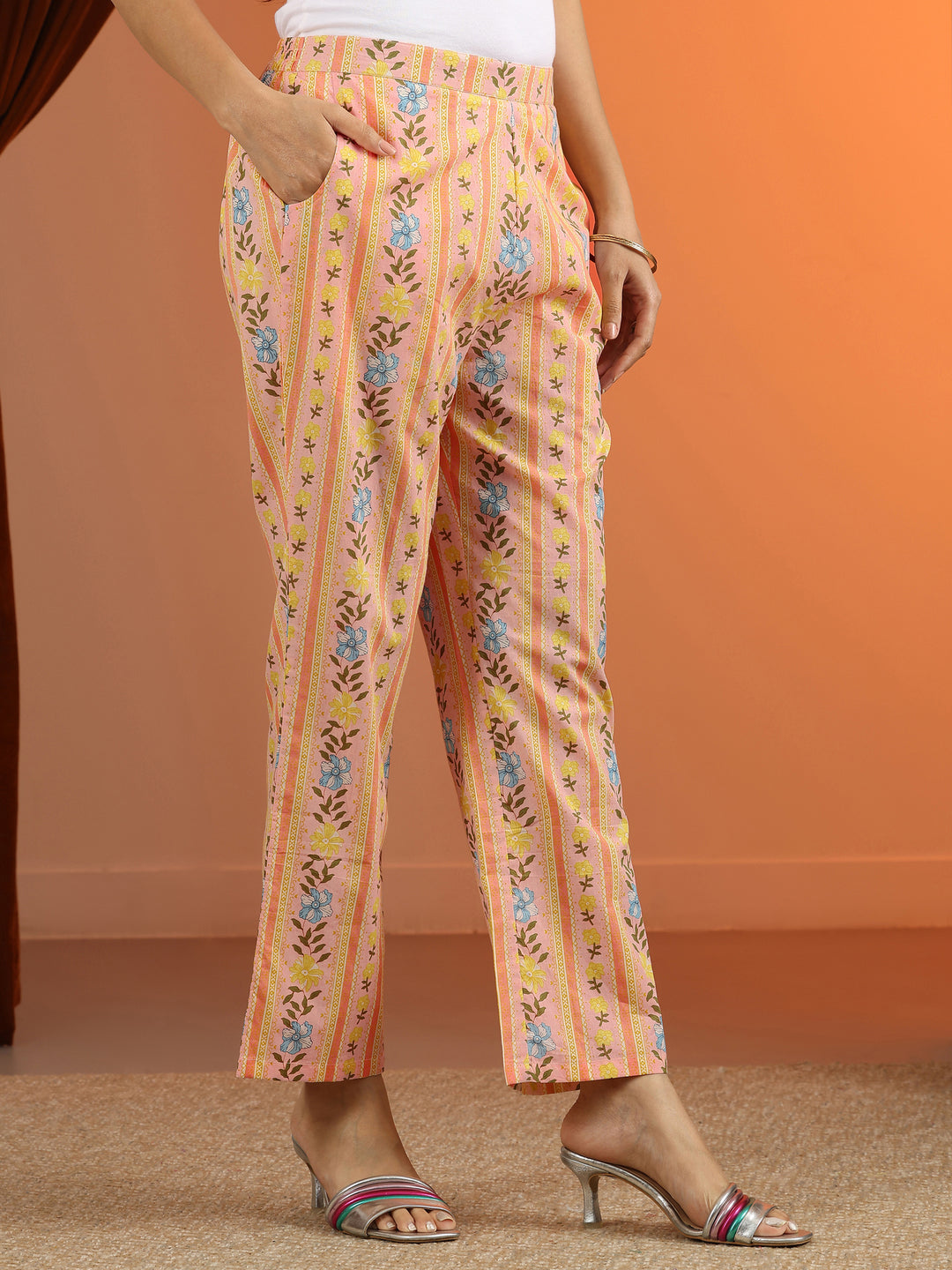 Peach Printed Cotton Straight Suit Set With Dupatta
