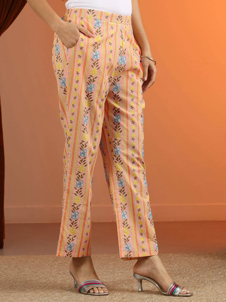 Peach Printed Cotton Straight Suit Set With Dupatta