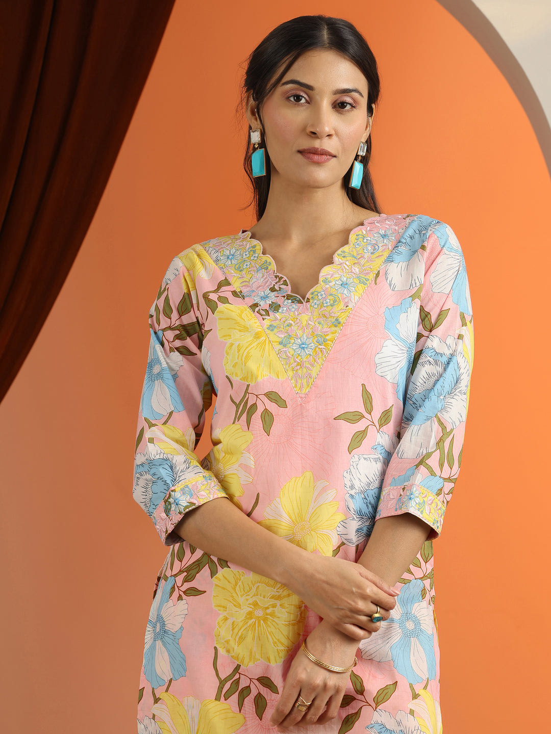 Peach Printed Cotton Straight Suit Set With Dupatta