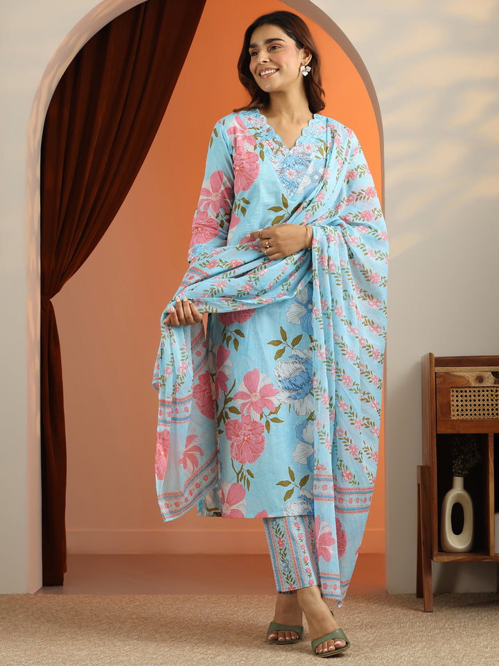 Blue Printed Cotton Straight Suit Set With Dupatta