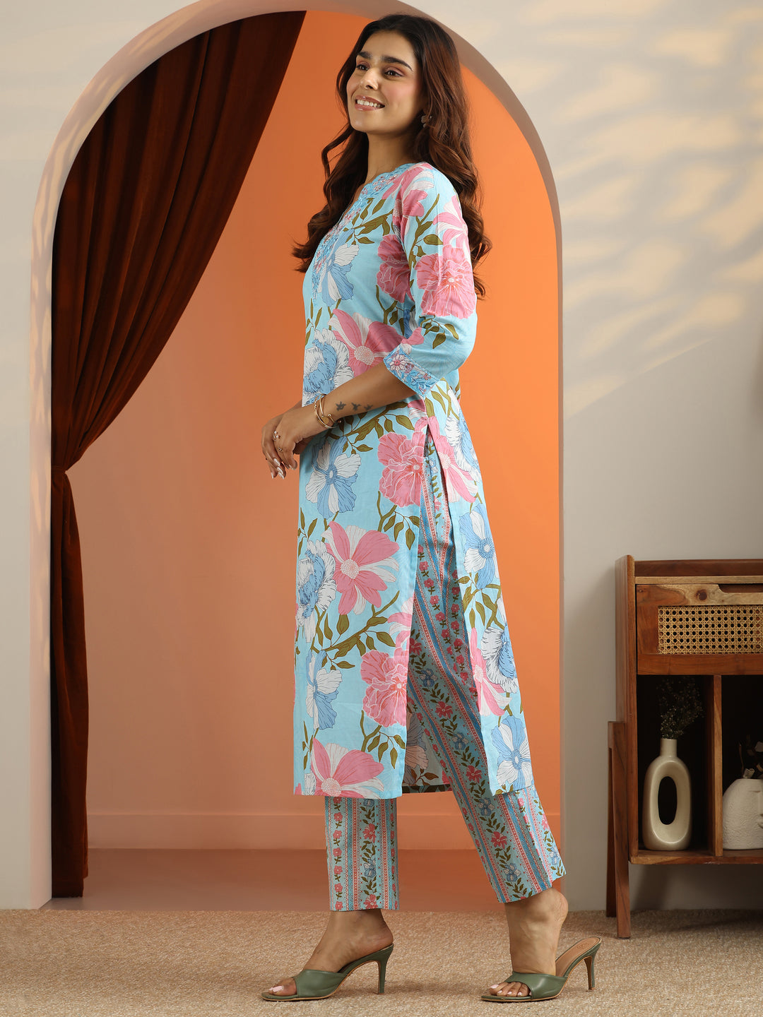 Blue Printed Cotton Straight Suit Set With Dupatta
