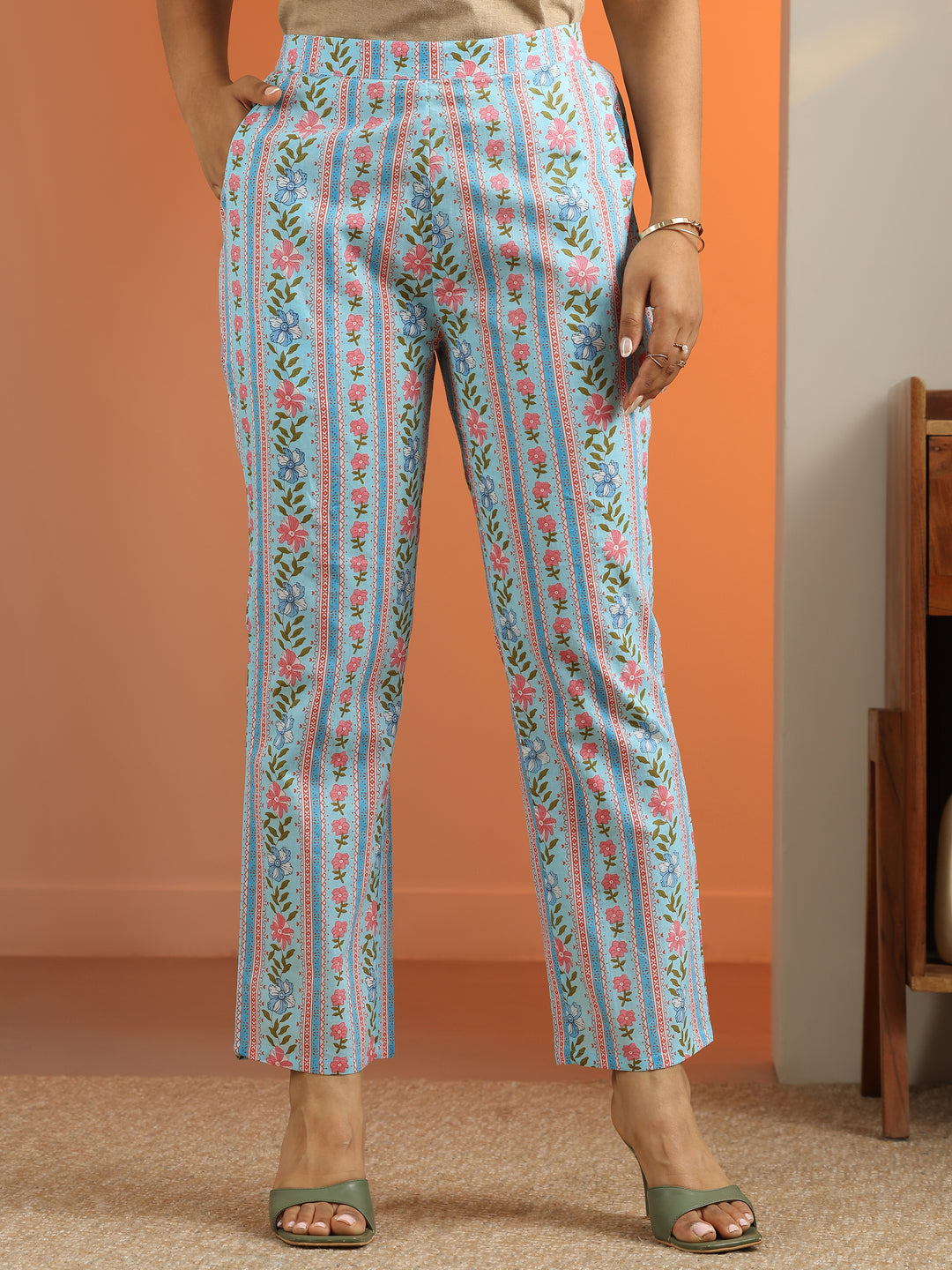 Blue Printed Cotton Straight Suit Set With Dupatta