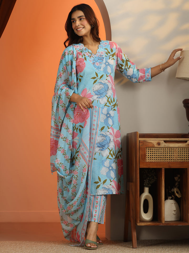 Blue Printed Cotton Straight Suit Set With Dupatta