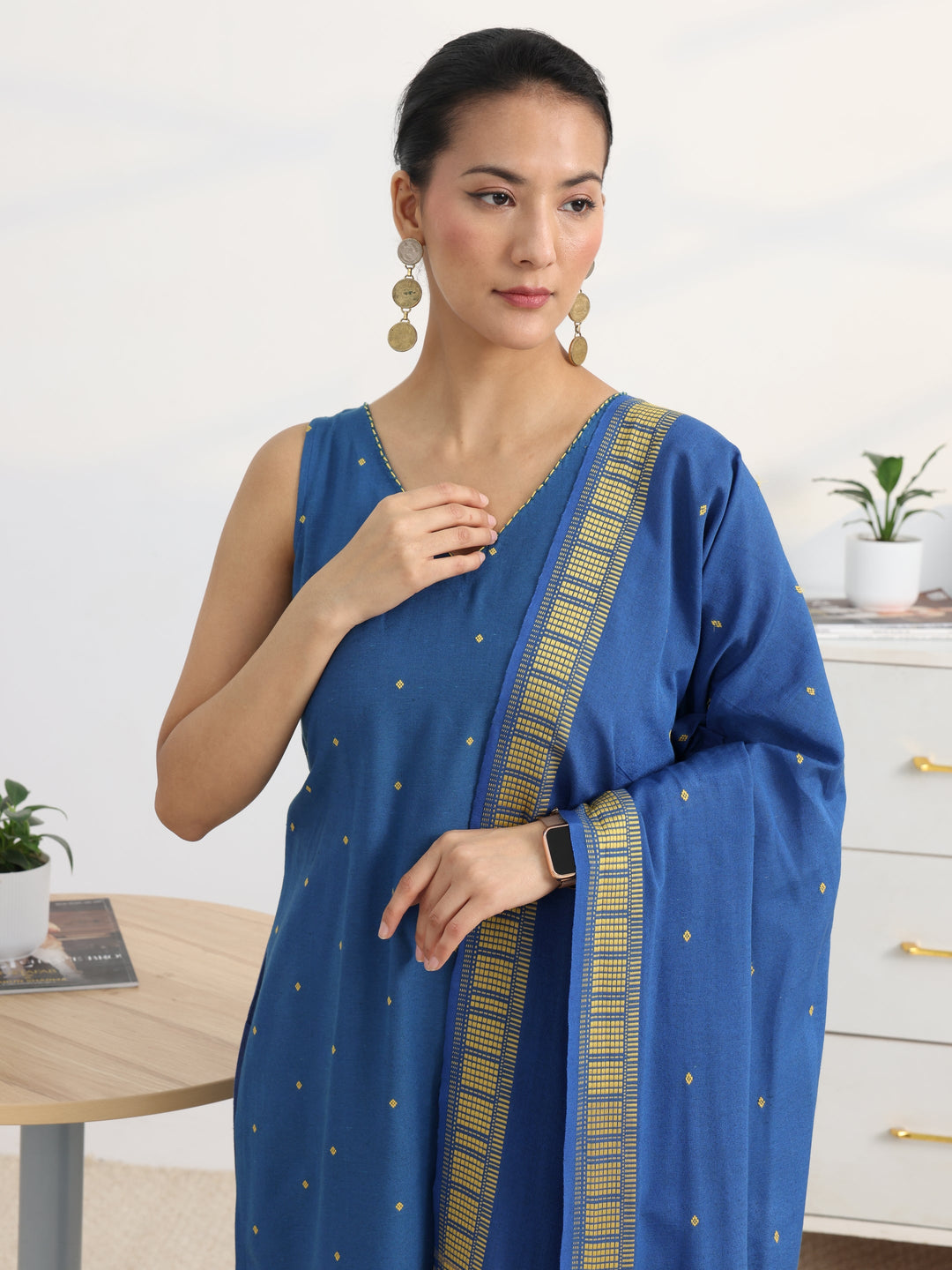 Blue Woven Design Cotton Blend Straight Suit Set With Dupatta