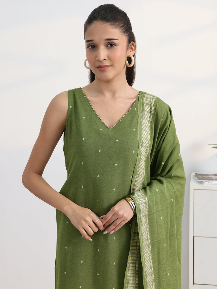 Green Woven Design Cotton Blend Straight Suit Set With Dupatta