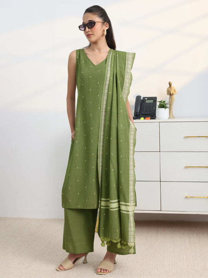 Green Woven Design Cotton Blend Straight Suit Set With Dupatta