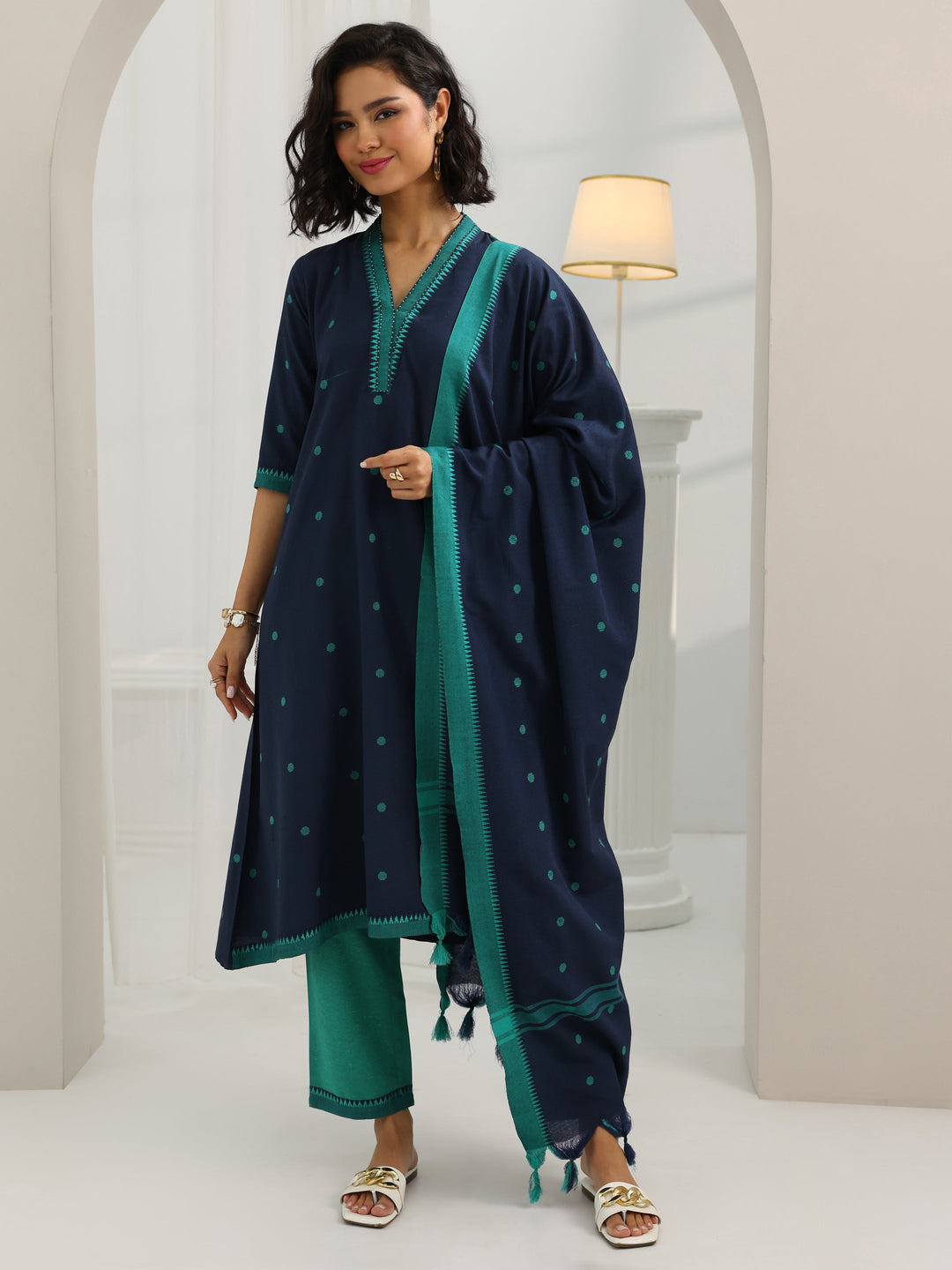 Blue Woven Design Cotton Blend A-Line Suit Set With Dupatta