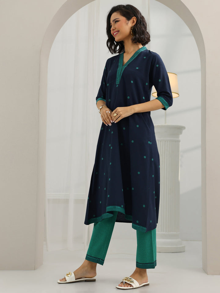Blue Woven Design Cotton Blend A-Line Suit Set With Dupatta