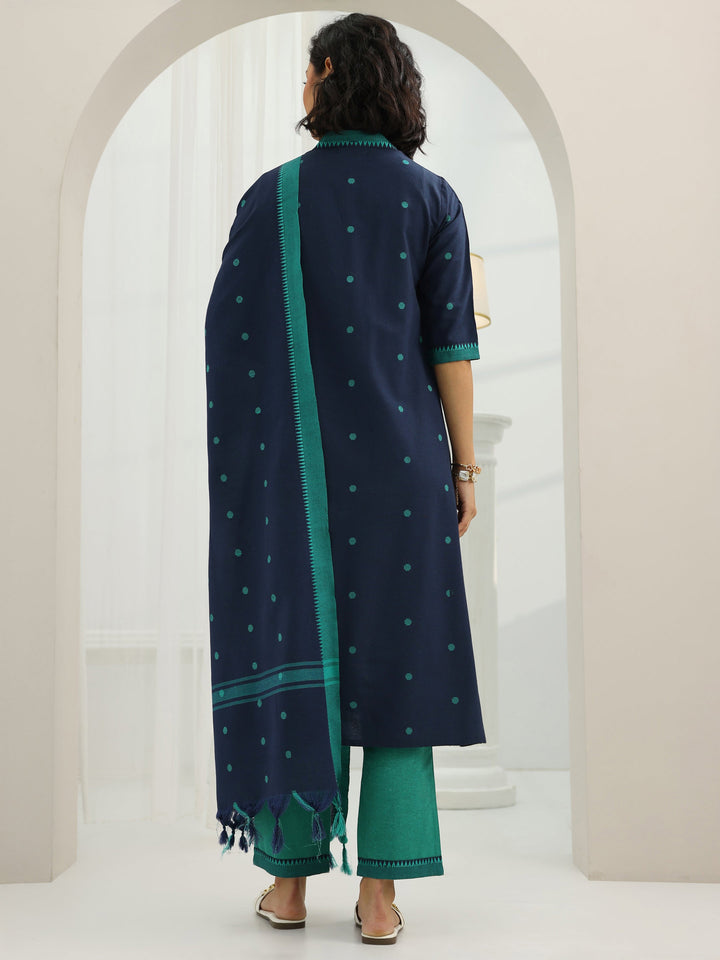 Blue Woven Design Cotton Blend A-Line Suit Set With Dupatta