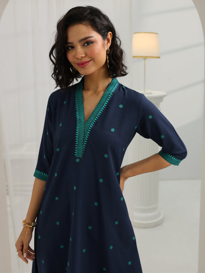 Blue Woven Design Cotton Blend A-Line Suit Set With Dupatta