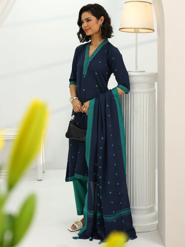 Blue Woven Design Cotton Blend A-Line Suit Set With Dupatta