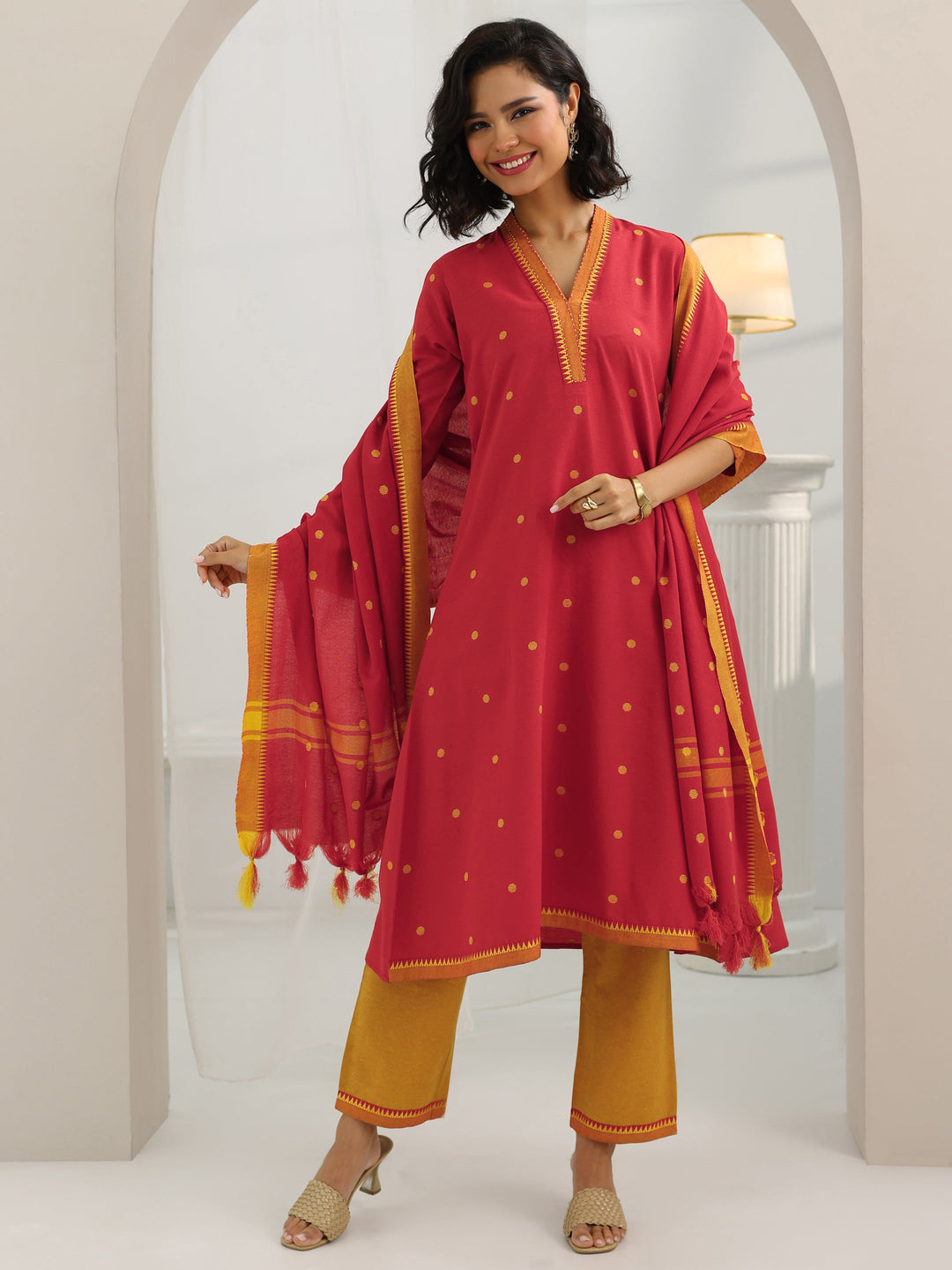 Red Woven Design Cotton Blend A-Line Suit Set With Dupatta
