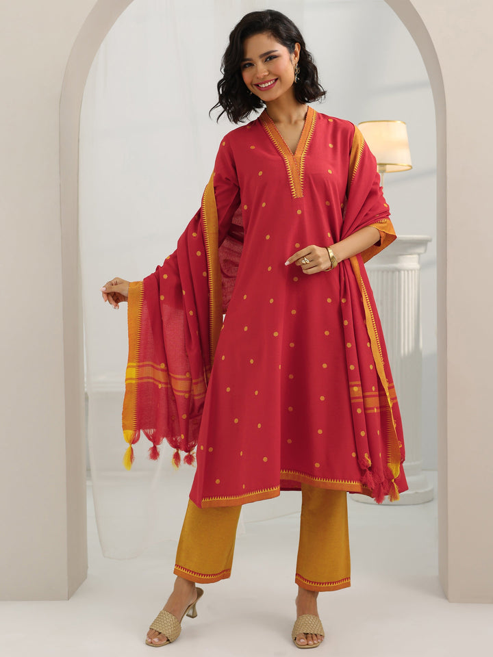Red Woven Design Cotton Blend A-Line Suit Set With Dupatta