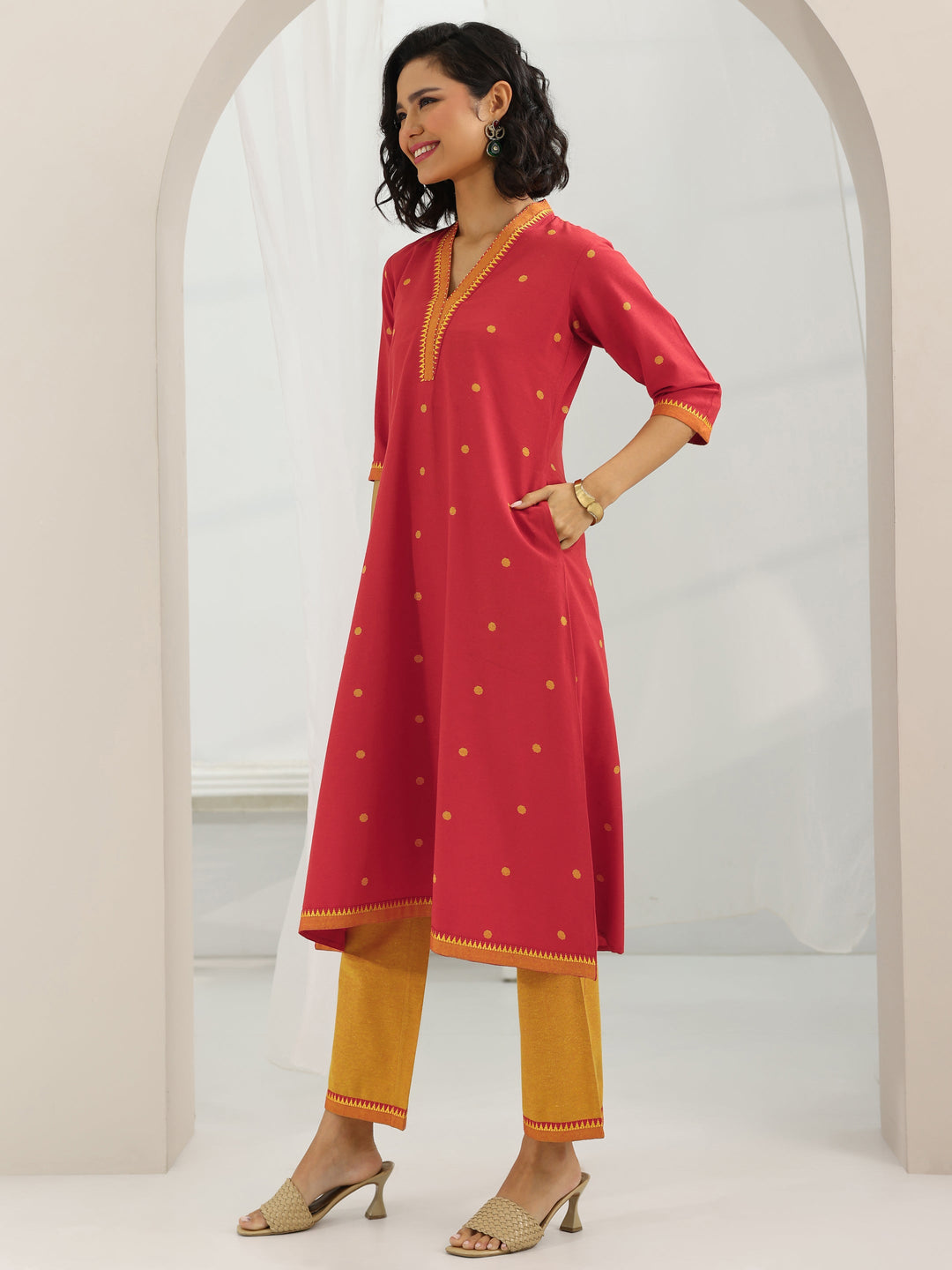 Red Woven Design Cotton Blend A-Line Suit Set With Dupatta