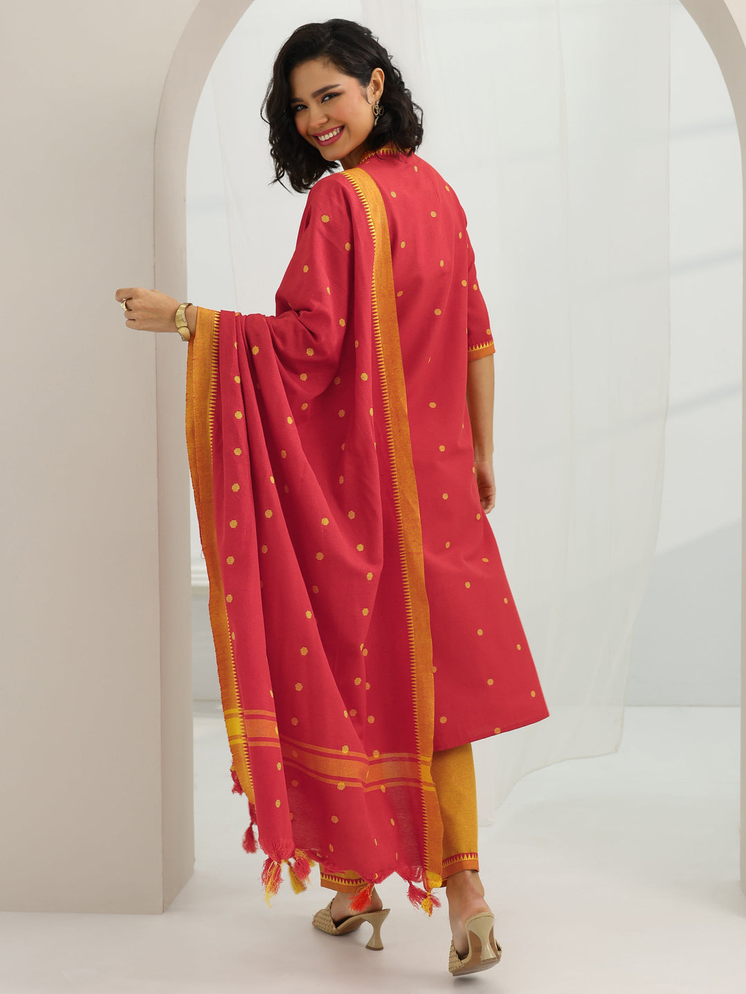 Red Woven Design Cotton Blend A-Line Suit Set With Dupatta