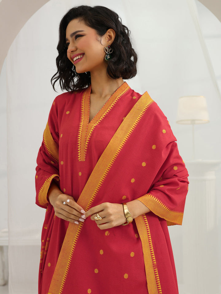 Red Woven Design Cotton Blend A-Line Suit Set With Dupatta