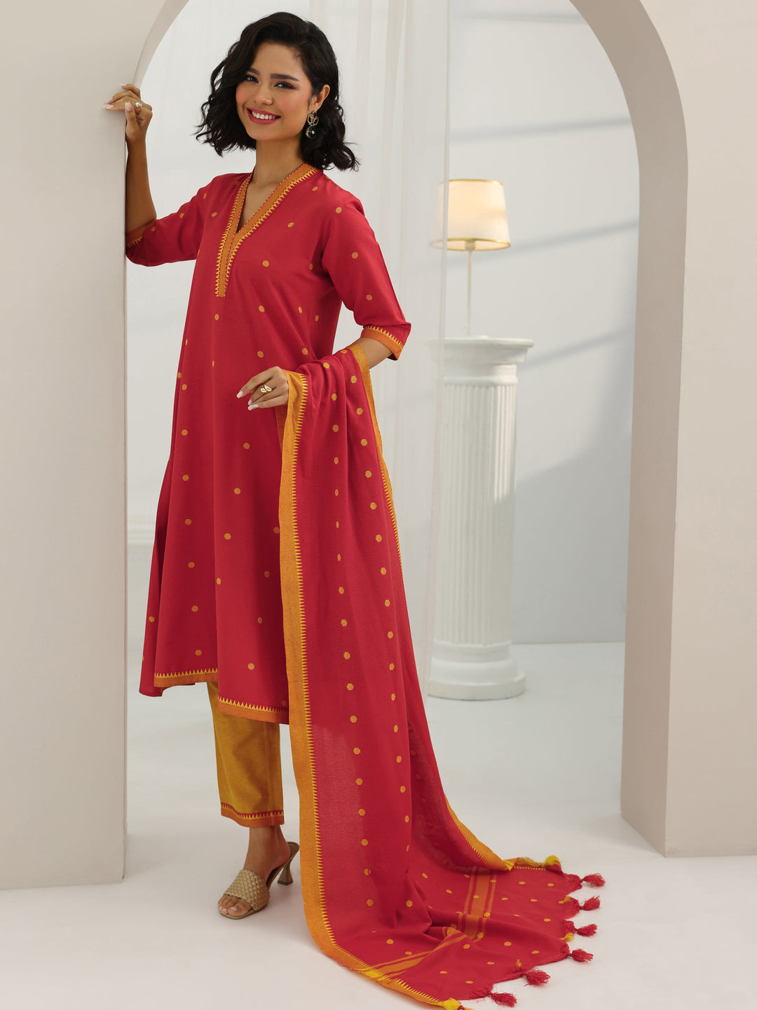 Red Woven Design Cotton Blend A-Line Suit Set With Dupatta