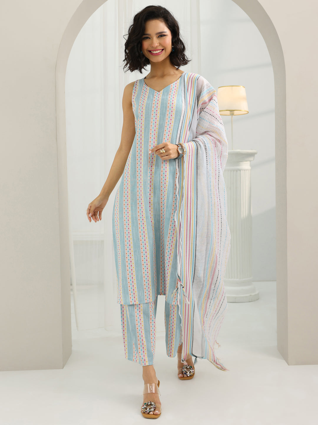 Blue Woven Design Cotton Blend Straight Suit Set With Dupatta