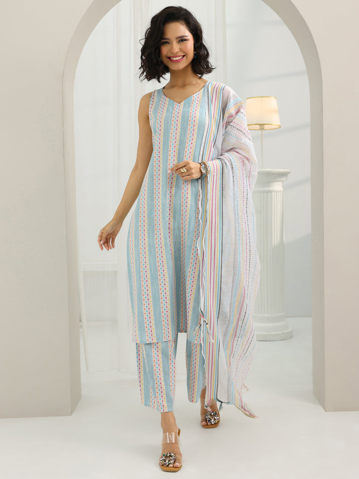 Blue Woven Design Cotton Blend Straight Suit Set With Dupatta