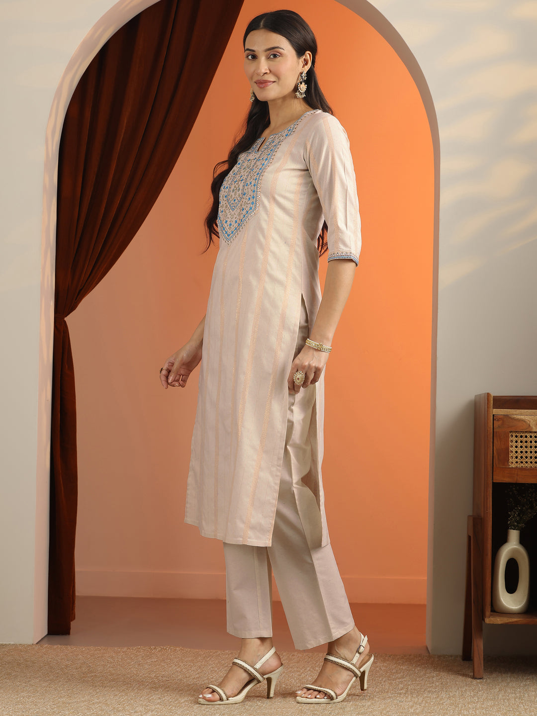 Off White Embroidered Cotton Blend Straight Suit Set With Dupatta