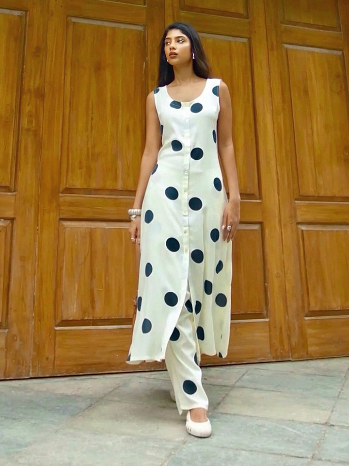 Off White Printed Cotton A-Line Kurta Set