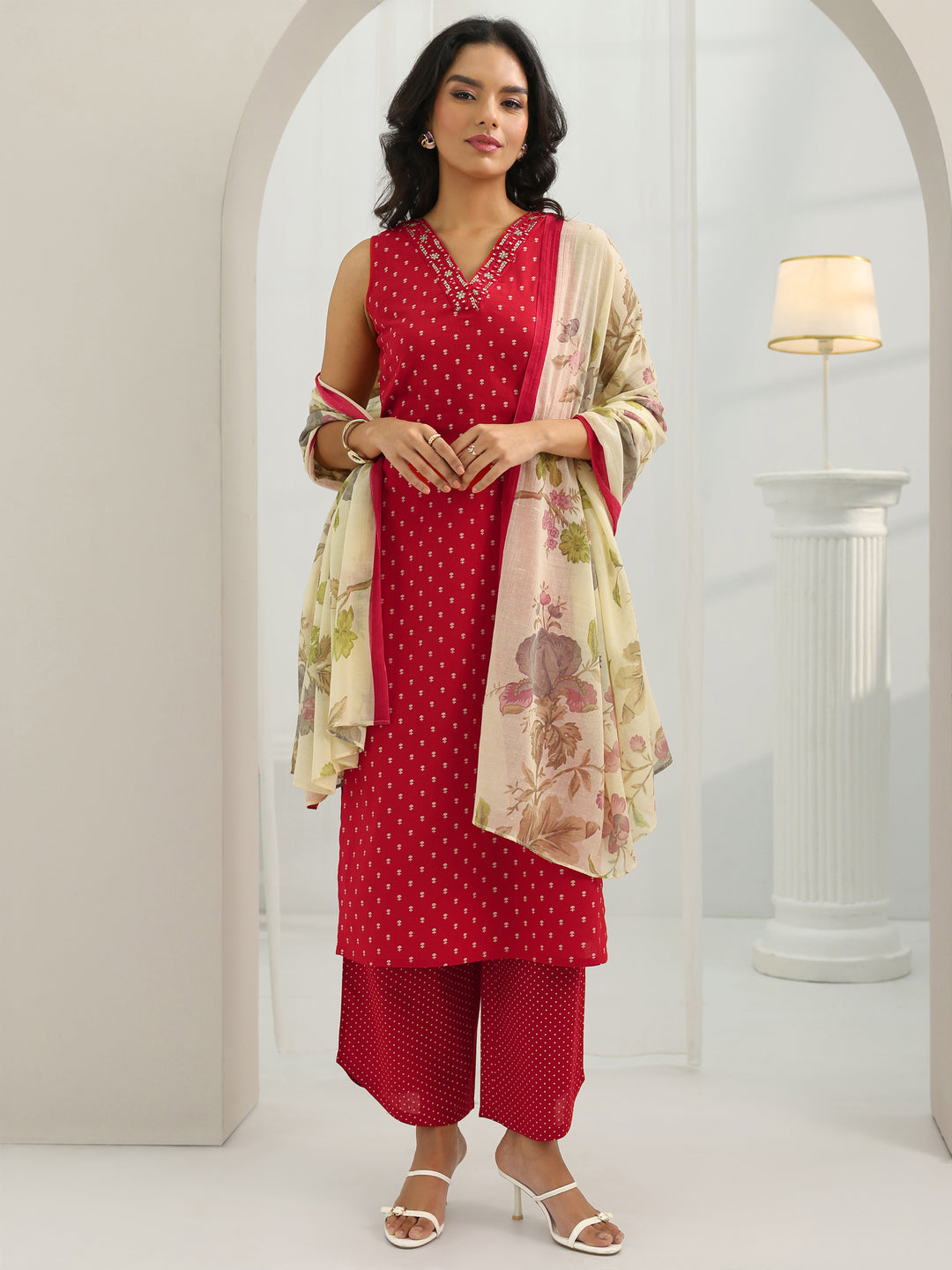 Red Printed Cotton Straight Suit Set With Dupatta