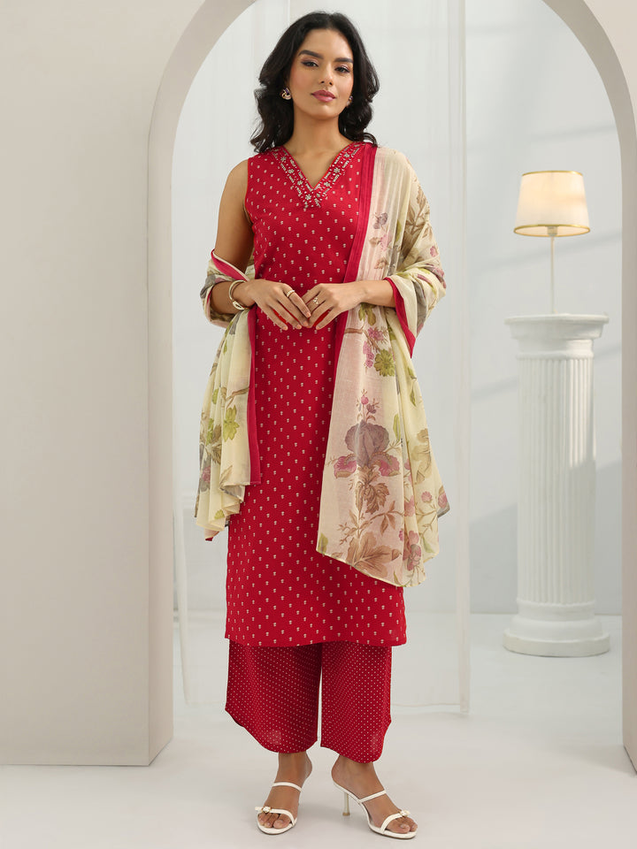 Red Printed Cotton Straight Suit Set With Dupatta