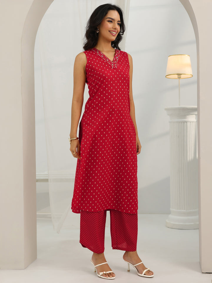 Red Printed Cotton Straight Suit Set With Dupatta