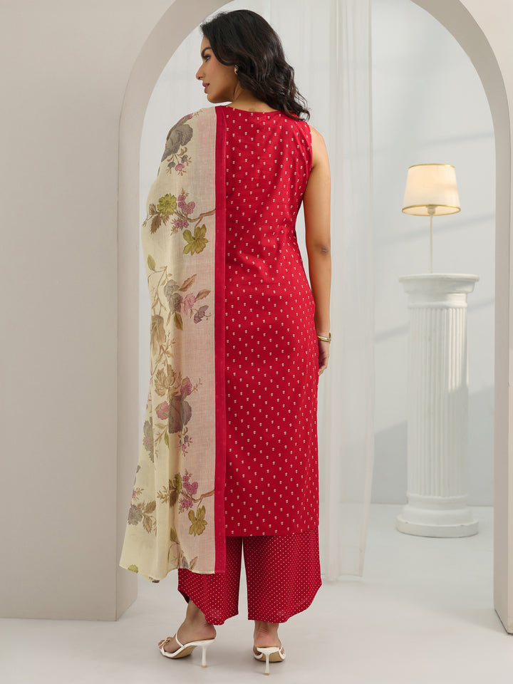 Red Printed Cotton Straight Suit Set With Dupatta
