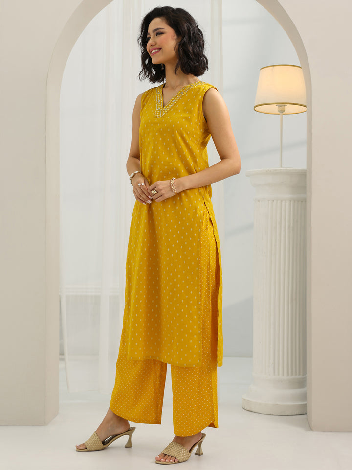 Mustard Printed Cotton Straight Suit Set With Dupatta