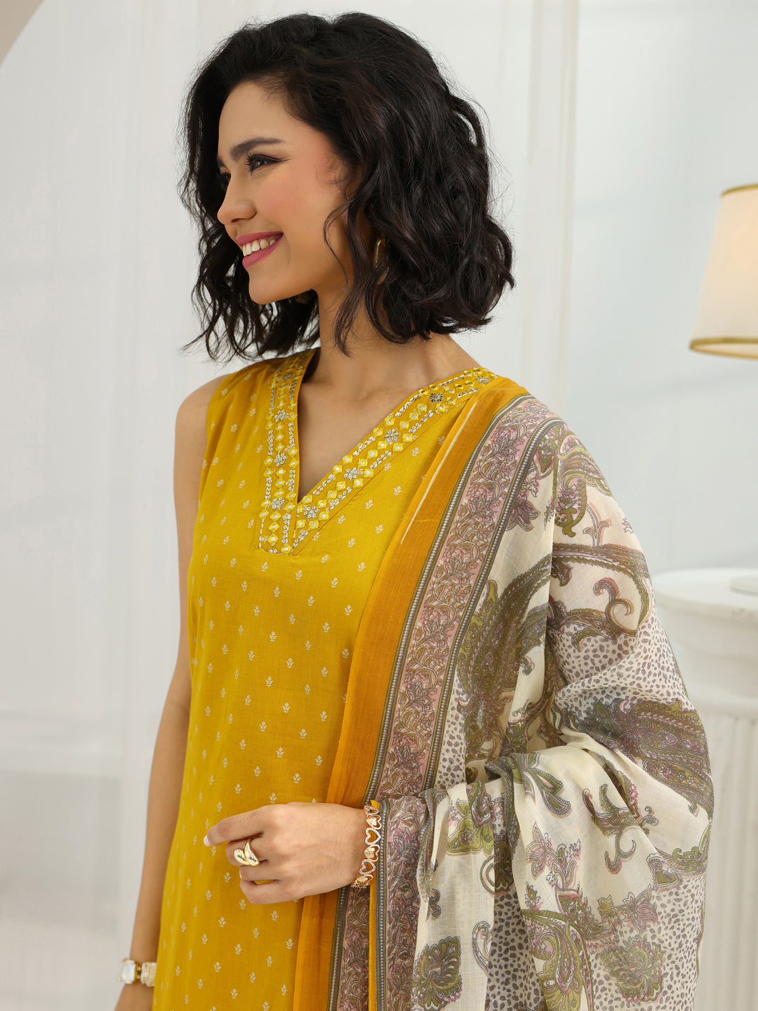 Mustard Printed Cotton Straight Suit Set With Dupatta