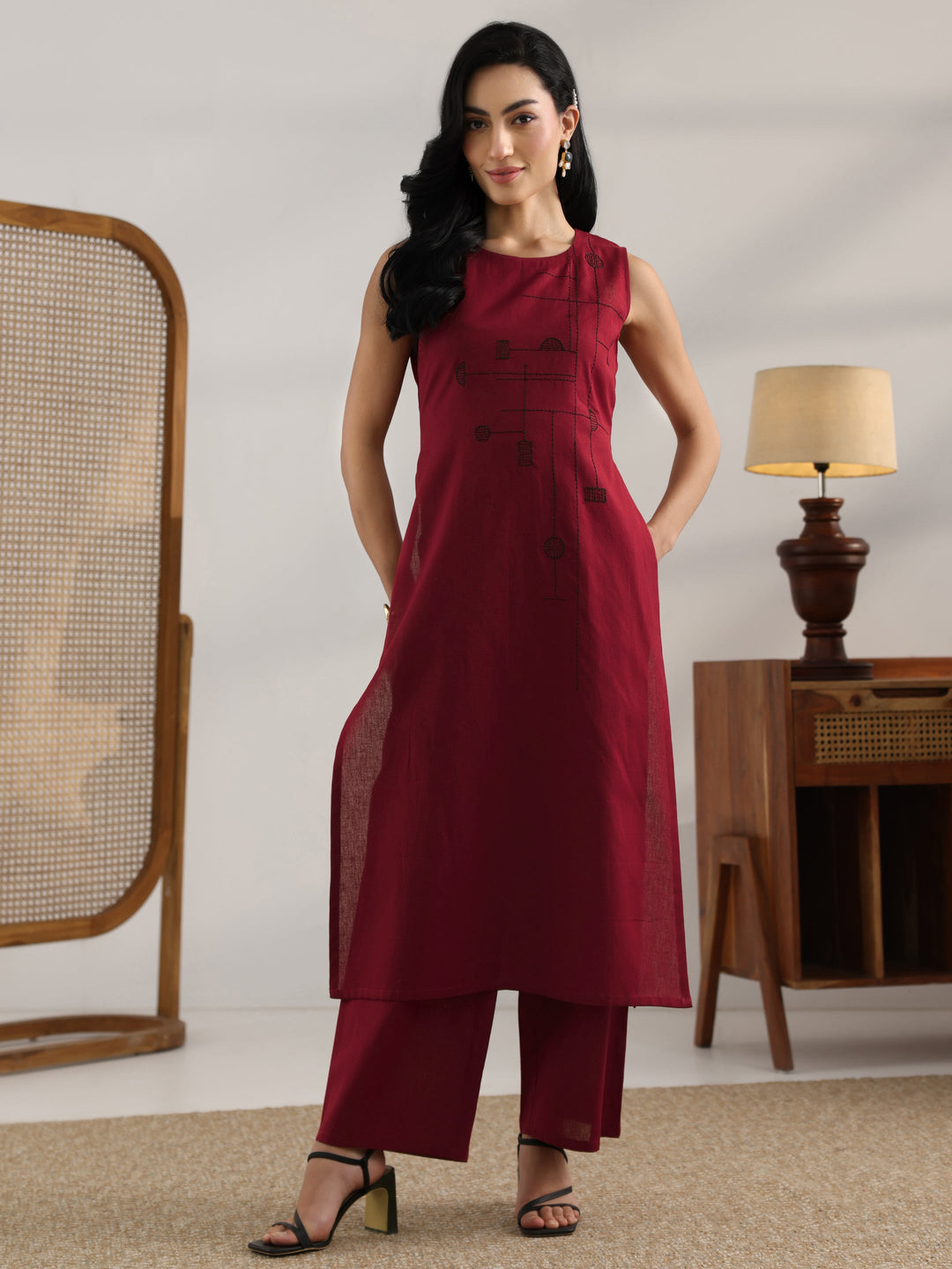 Maroon Embroidered Cotton Straight Kurta Set