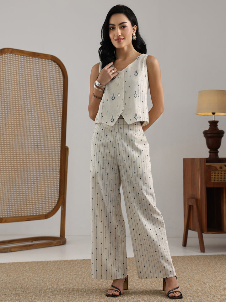 Off White Woven Design Cotton Blend  Co-Ord Set