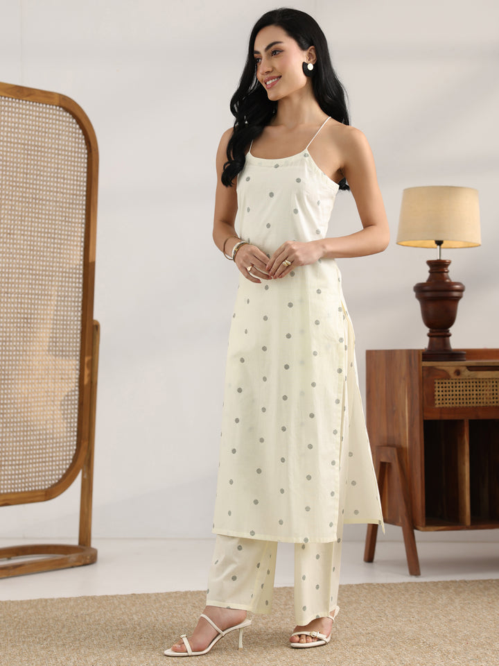 Off White Printed Cotton Straight Kurta Set