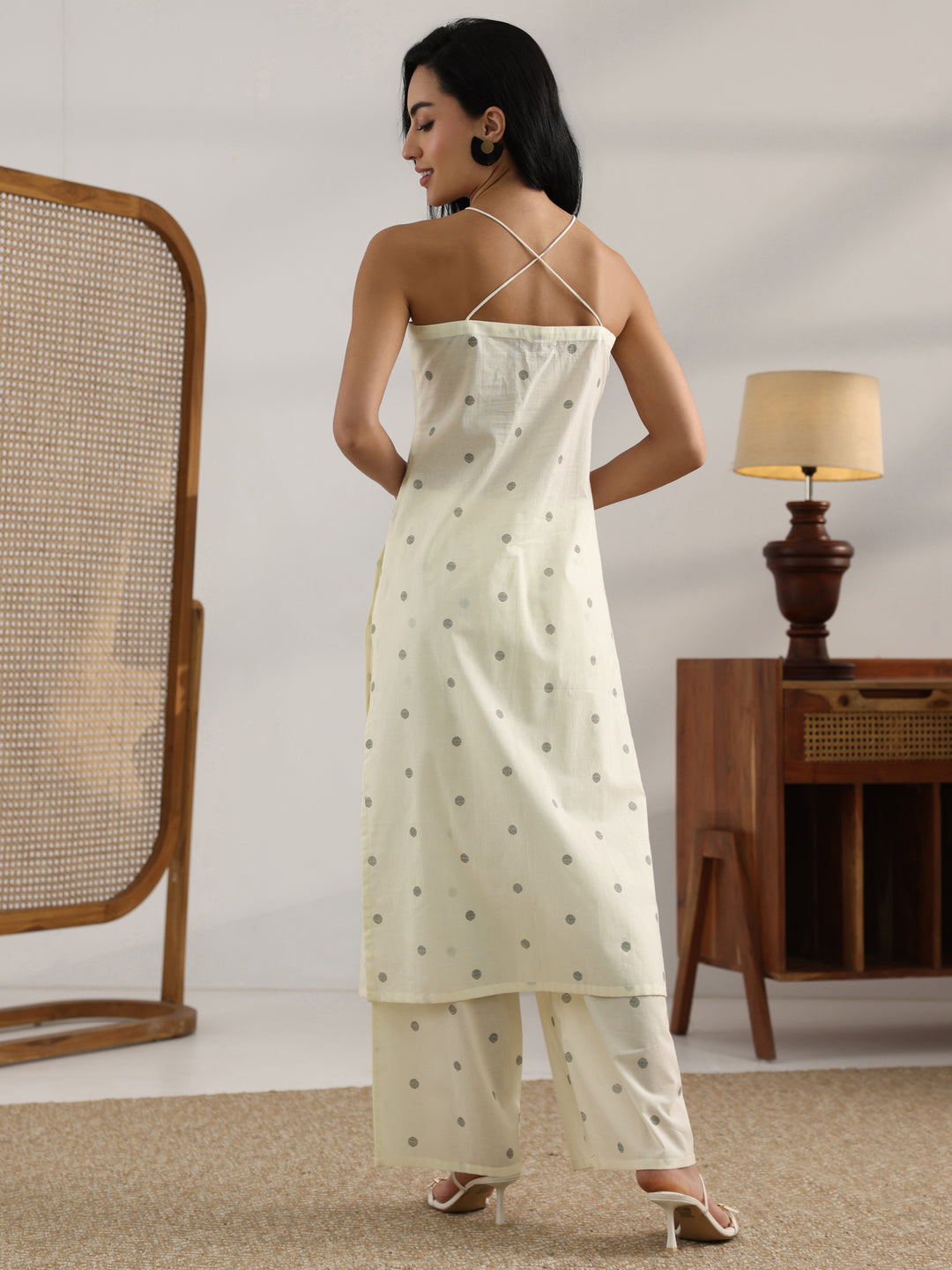 Off White Printed Cotton Straight Kurta Set