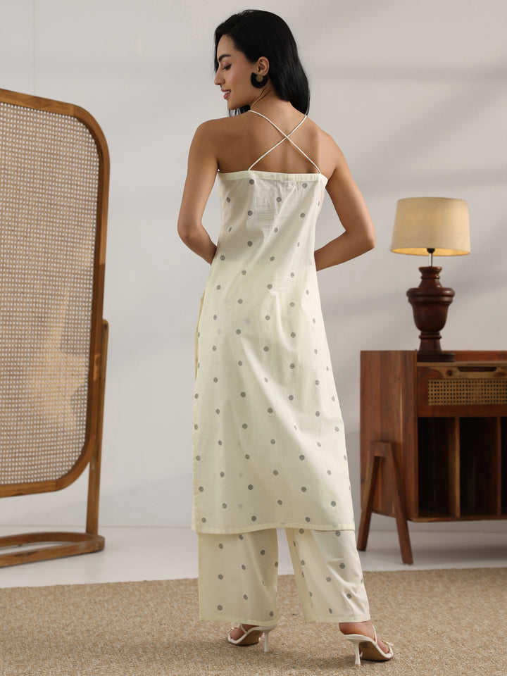 Off White Printed Cotton Straight Kurta Set