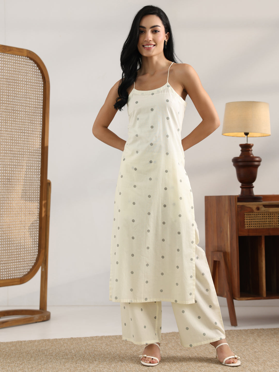 Off White Printed Cotton Straight Kurta Set